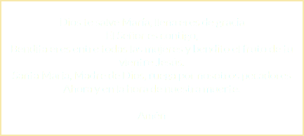  Dios te salve María, llena eres de gracia El Señor es contigo, Bendita eres entre todas las mujeres y bendito el fruto de tu vientre Jesús. Santa María, Madre de Dios, ruega por nosotros pecadores Ahora y en la hora de nuestra muerte. Amén 