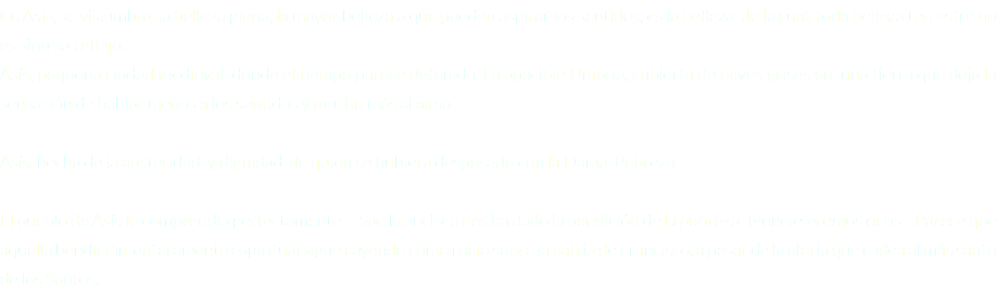 En Asís, se vislumbra la belleza plena, la mayor belleza a que pueden aspirar los sentidos, es la belleza de la cual, toda belleza terrestre no es sino su reflejo. Asís, pequeña ciudad medieval, donde el tiempo parece detenido. La apacible Umbría, cubierta de olivos grises en una tierra que deja la sensación de hablar menos a los sentidos y mucho más al alma. Asís, hecha de la austeridad y dignidad de quien se hubiera desposado con la Dama Pobreza. El pueblo de Asís lo comprendía perfectamente: _ San Francisco nos ha dado la bendición de la pobreza- Nunca seremos ricos-. Parece que aquella bendición enteramente espiritual sigue cayendo como rocío sobre la patria de Francisco, a pesar de la gloria que rodea al más santo de los Santos.
